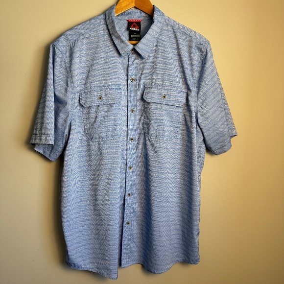 GERRY Men's Short Sleeve Micro-Check Button Up Shirt Blue Size XXL Flap Pockets - Picture 1 of 13